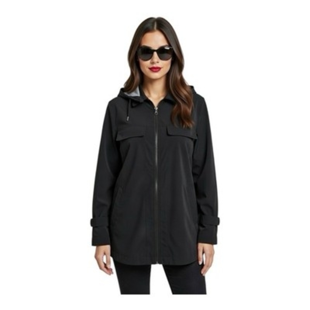 GALLERY Womens Jacket M Black Removable Lining Hood Long Sleeve Zip Coat VG